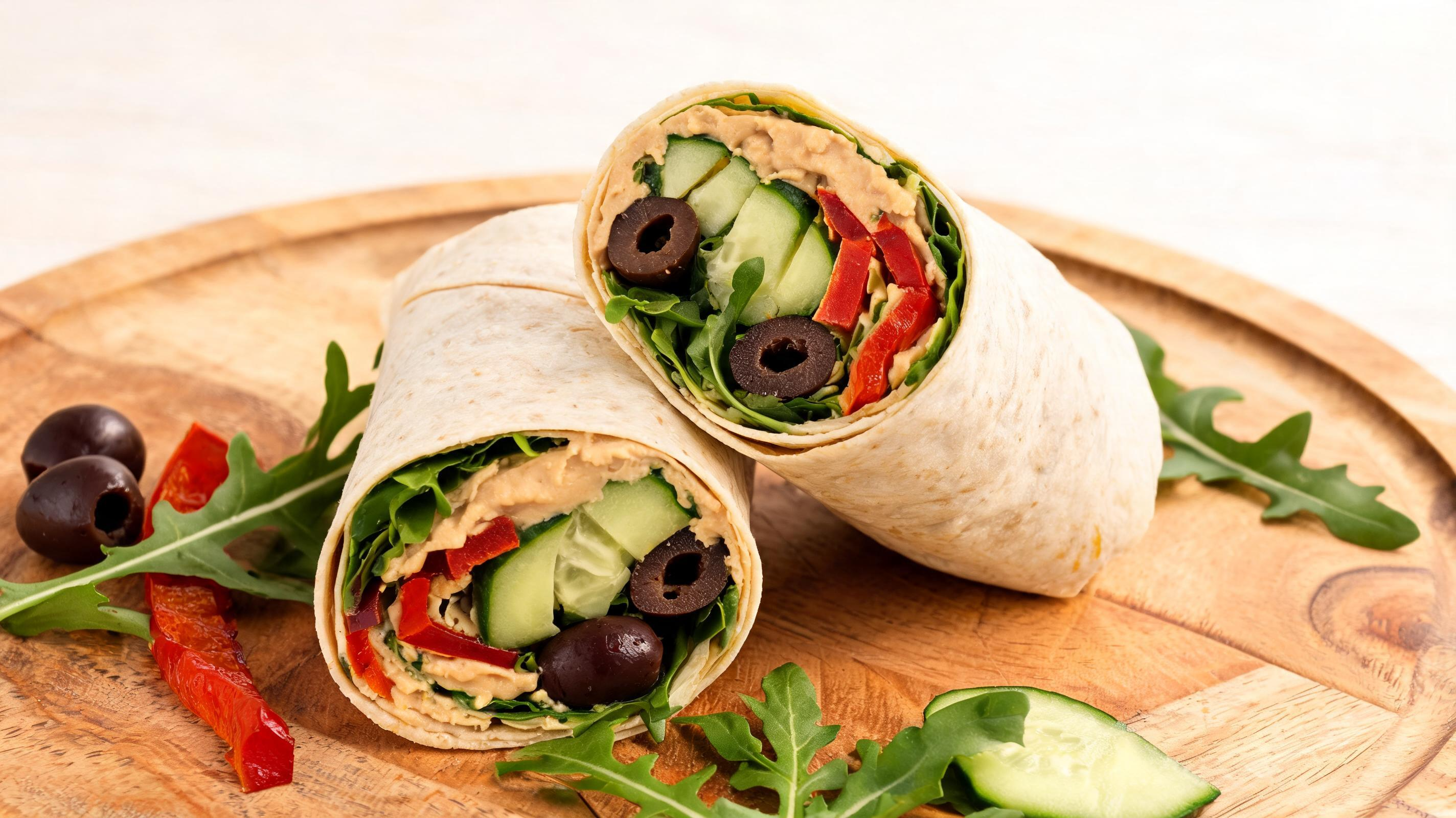 A fresh Mediterranean wrap packed with hummus, cucumber, and red peppers.