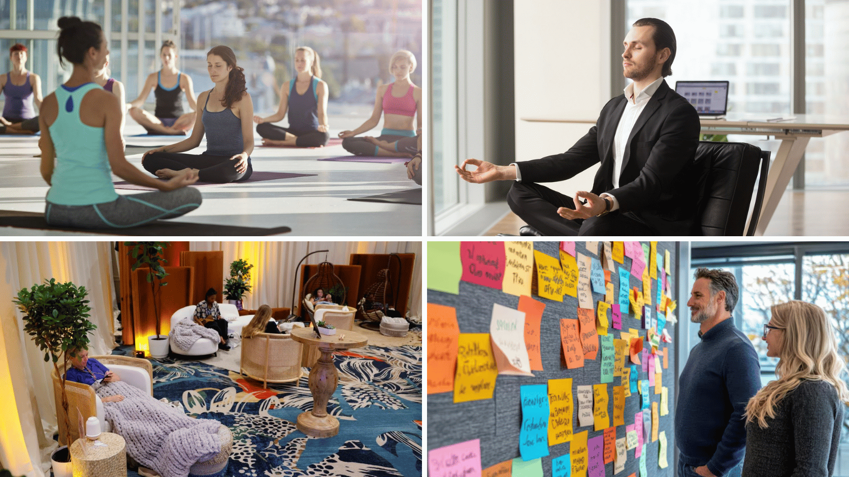 Collage of mental wellness activities featuring meditation, mindfulness, relaxation spaces, and gratitude notes.