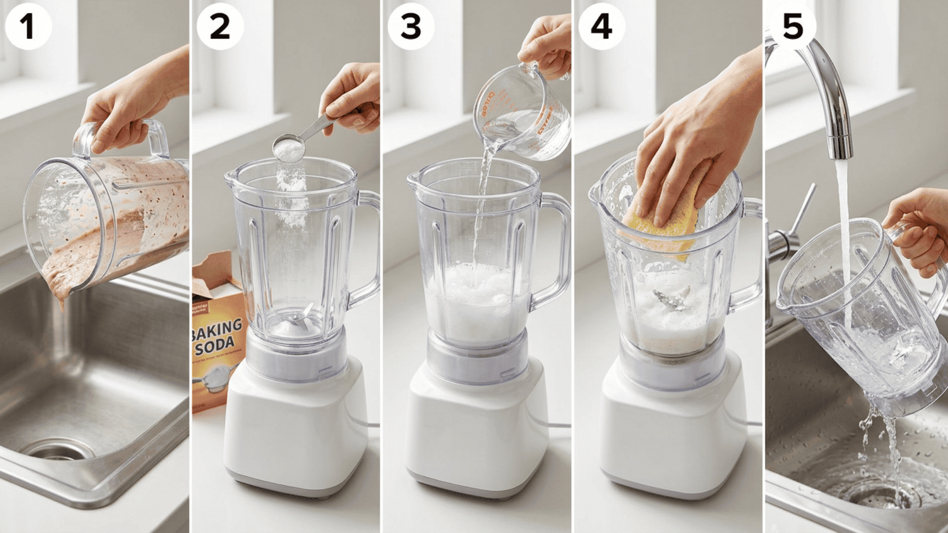 Hand emptying adding baking soda scrubbing rinsing jar
