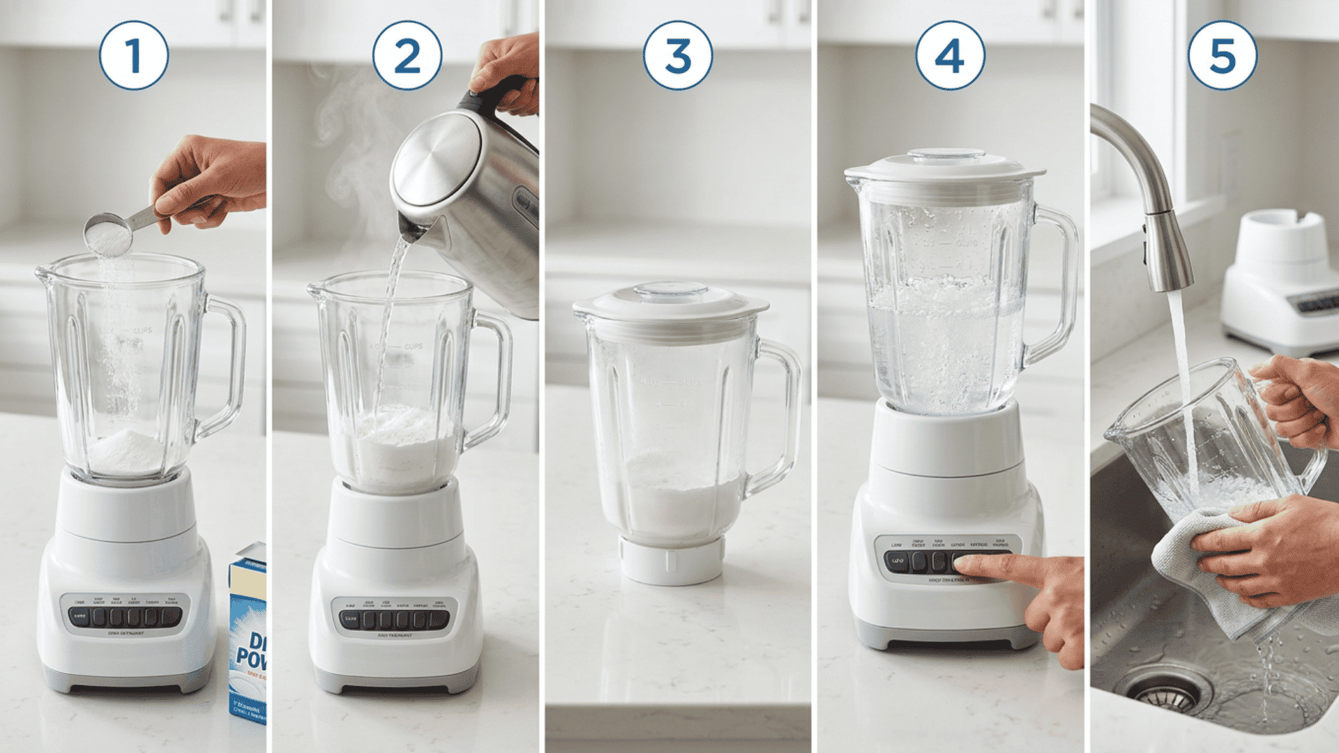 Hand adding powder filling hot water rinsing drying jar