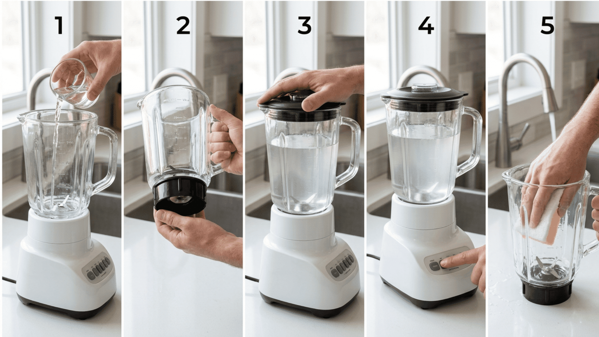 Hand pouring vinegar attaching lid blending scrubbing rinsing