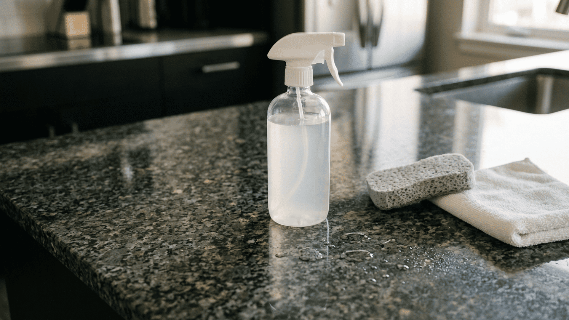 Charcoal granite with spray bottle sponge towel
