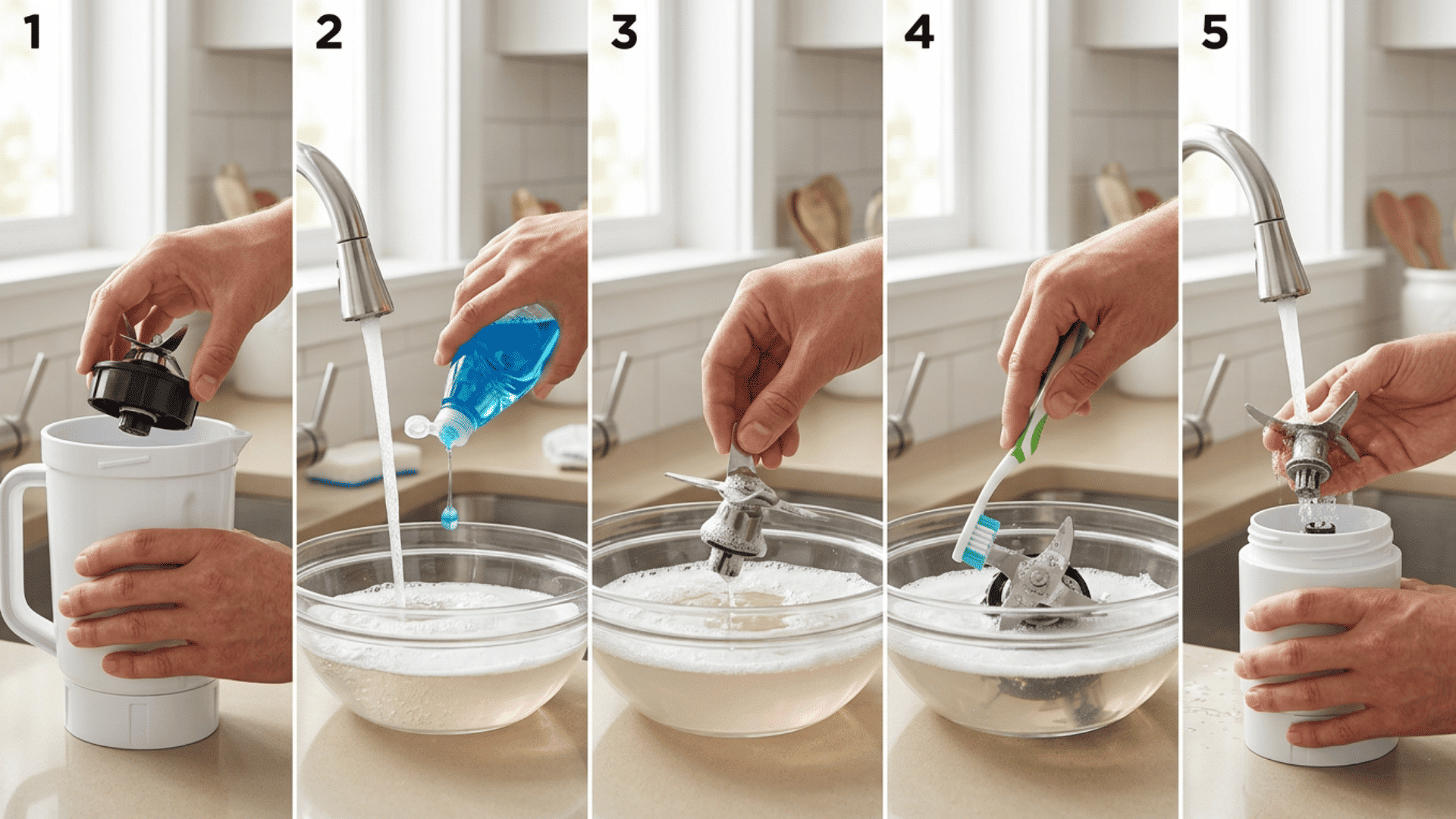 Hand removing blade soaking scrubbing crevices rinsing reattaching