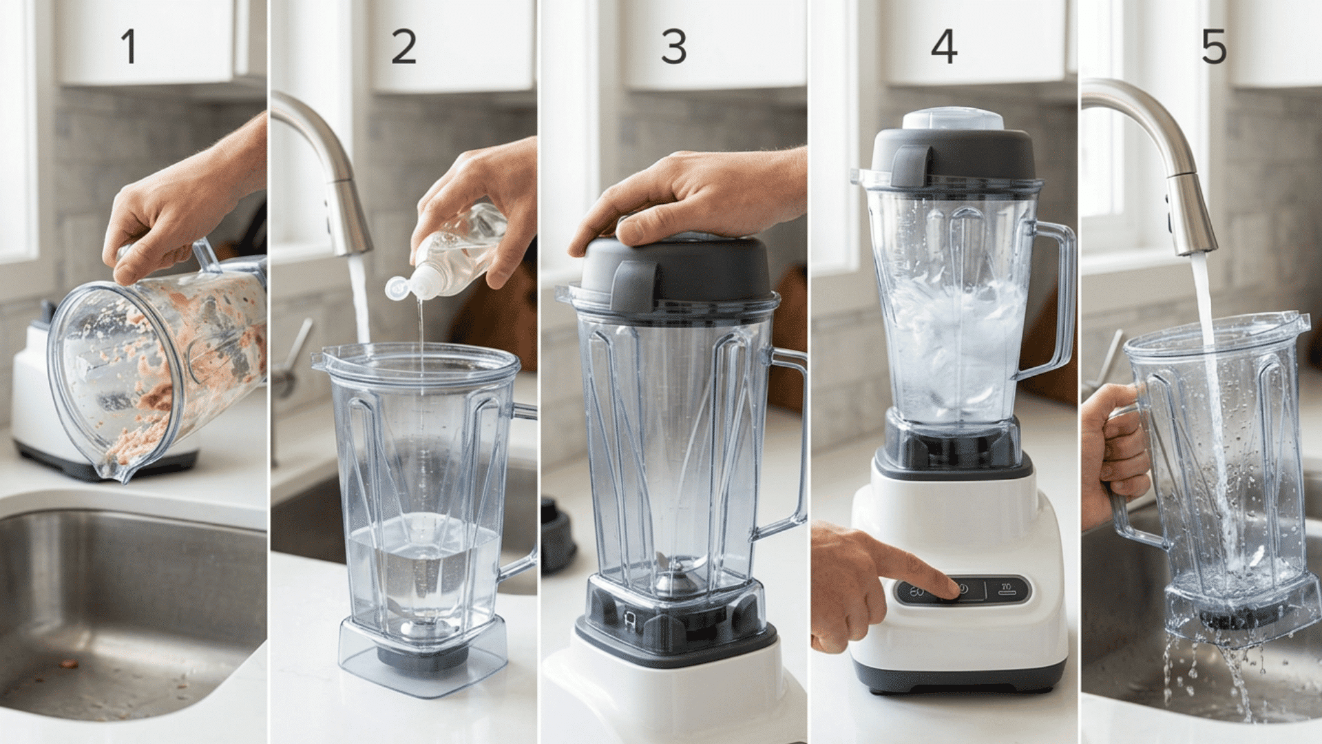 Hand dumping food pouring water blending rinsing