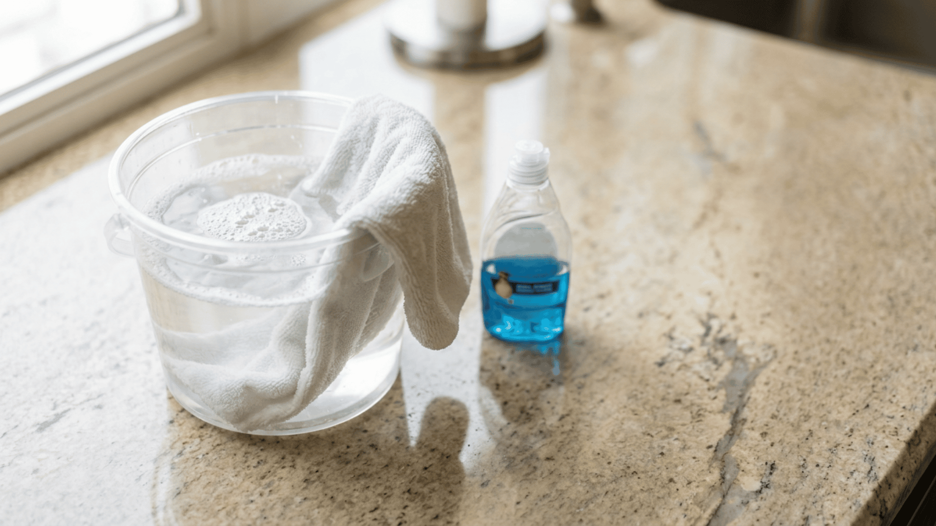 Beige granite countertop with bucket soap cloth