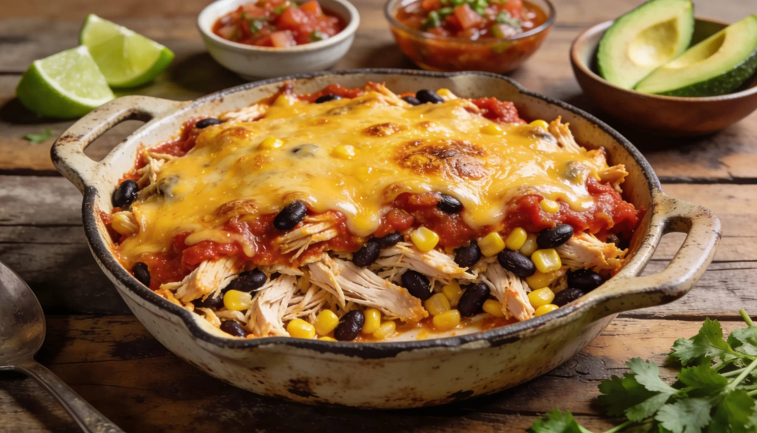 A casserole dish filled with shredded chicken, black beans, corn, and topped with melted cheese and salsa, served with lime wedges and avocado.