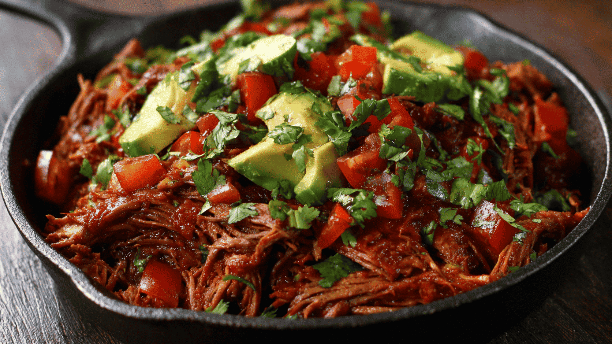 Tender beef chuck chuck cooking alongside diced tomatoes, onions, and Mexican spices inside a slow cooker.