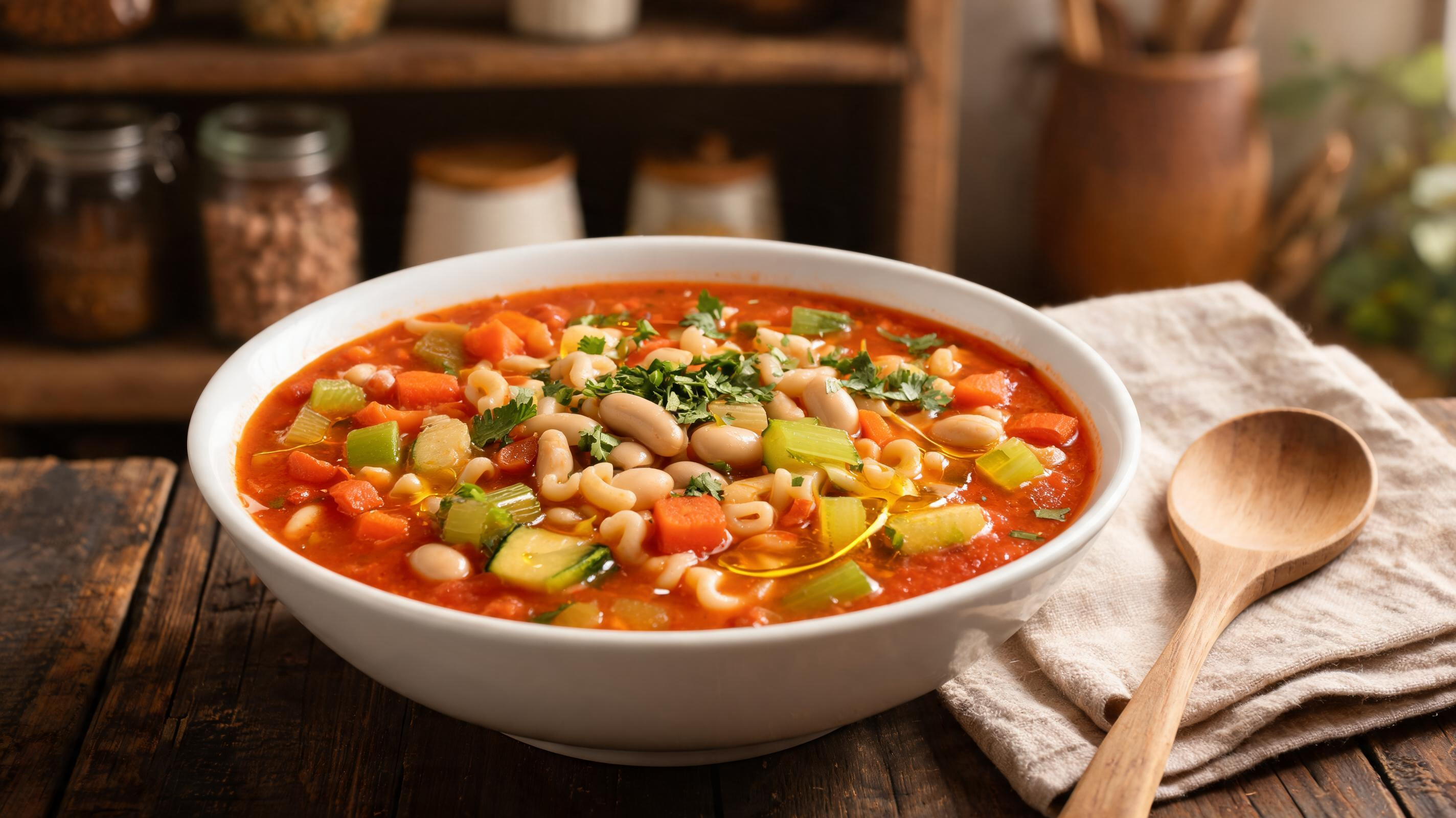 A bowl of Italian minestrone soup with beans, pasta, and diced vegetables, garnished with parsley.