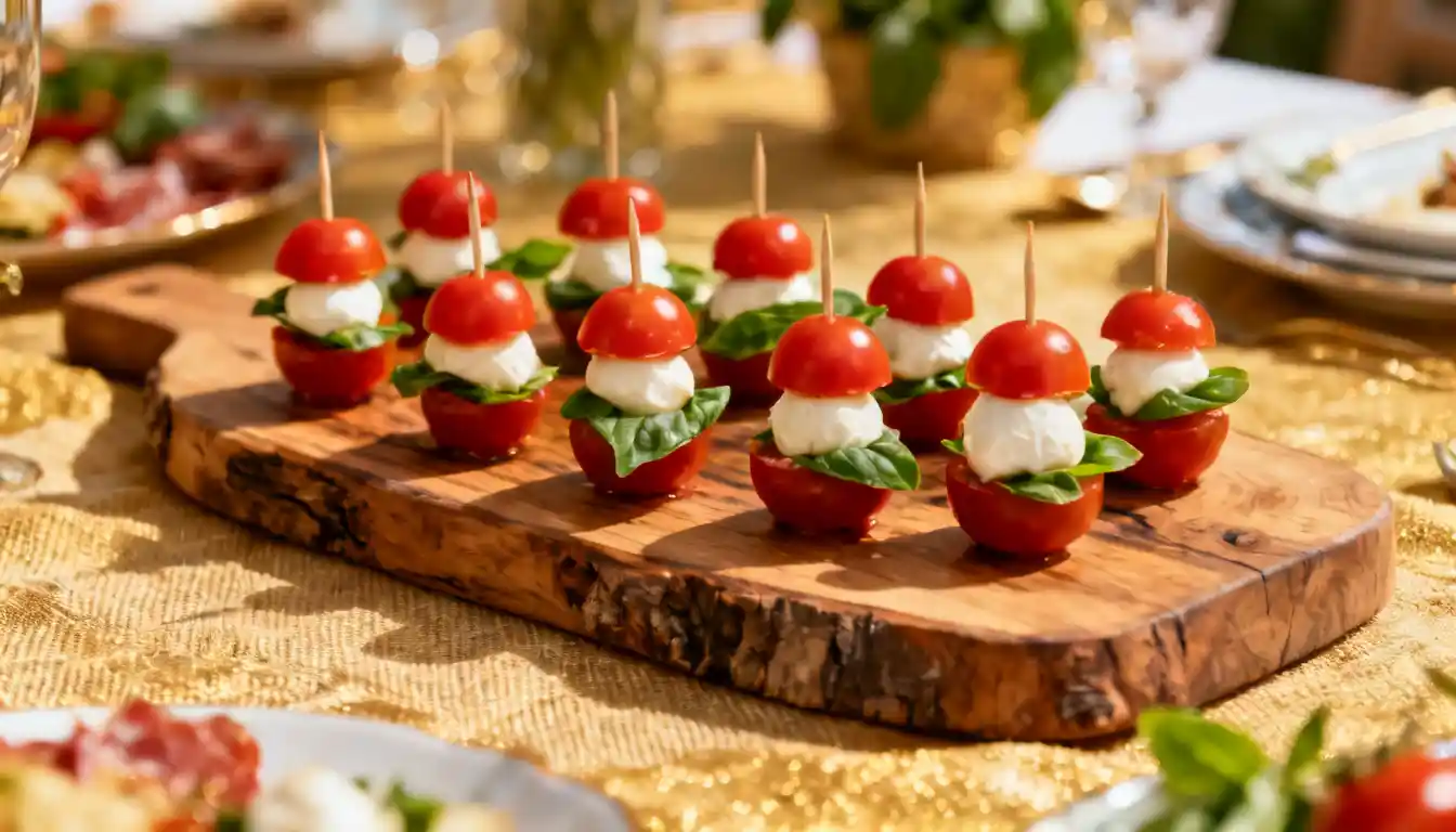 Cherry tomato, mozzarella, and basil skewers arranged on a rustic wooden board.