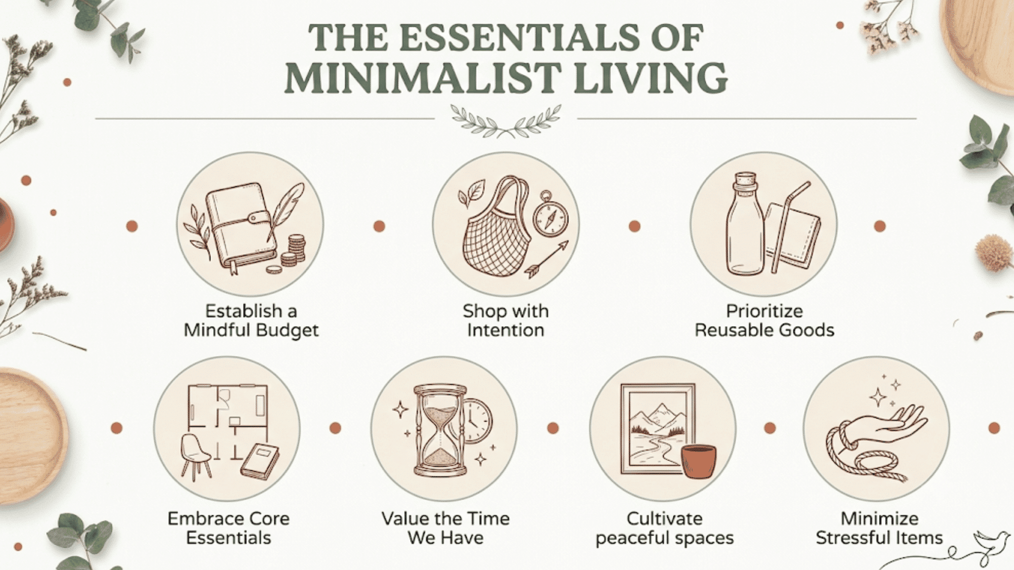 Minimalist living poster showing seven tips with icons on a cream background with leaves.