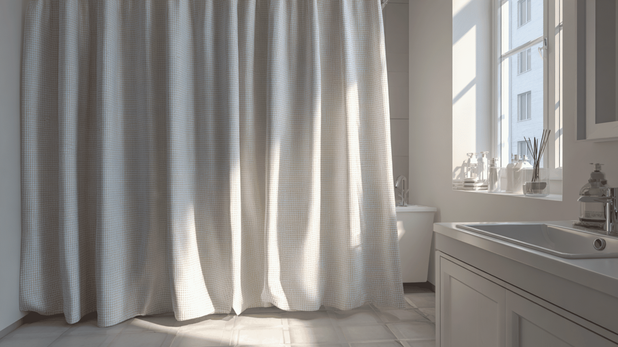 minimalist white shower curtain with linen texture in a bright modern bathroom