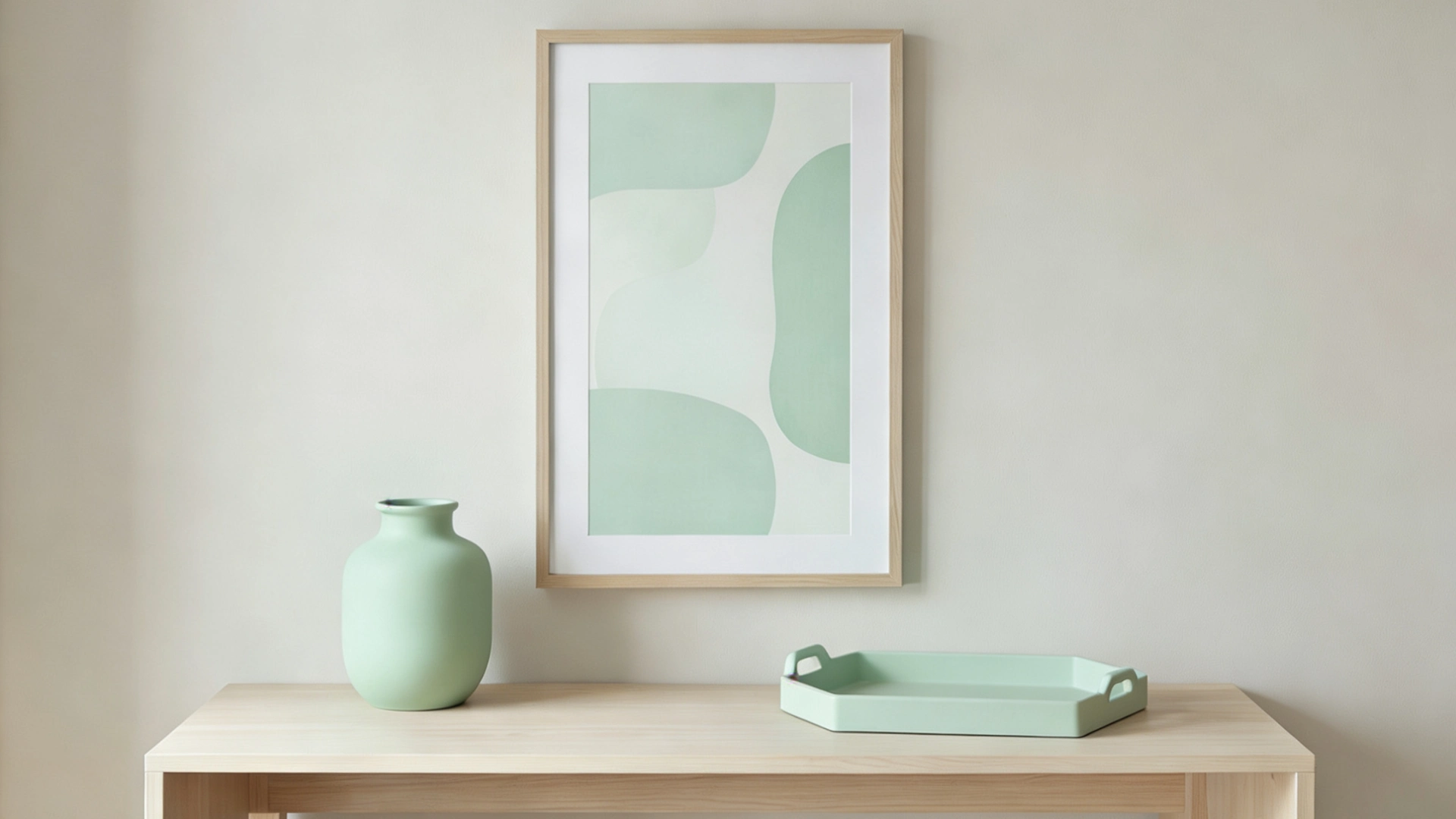 An abstract art in pastel green hangs on a wall above a pale wood table holding a mint green vase and a mint green tray