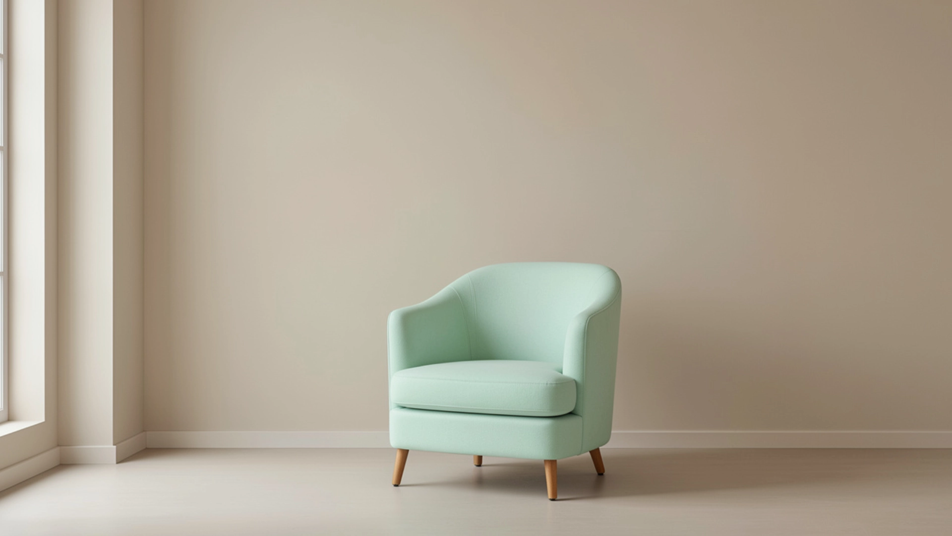 A mint green armchair with wooden legs sits in the corner of a room with light beige walls and floor