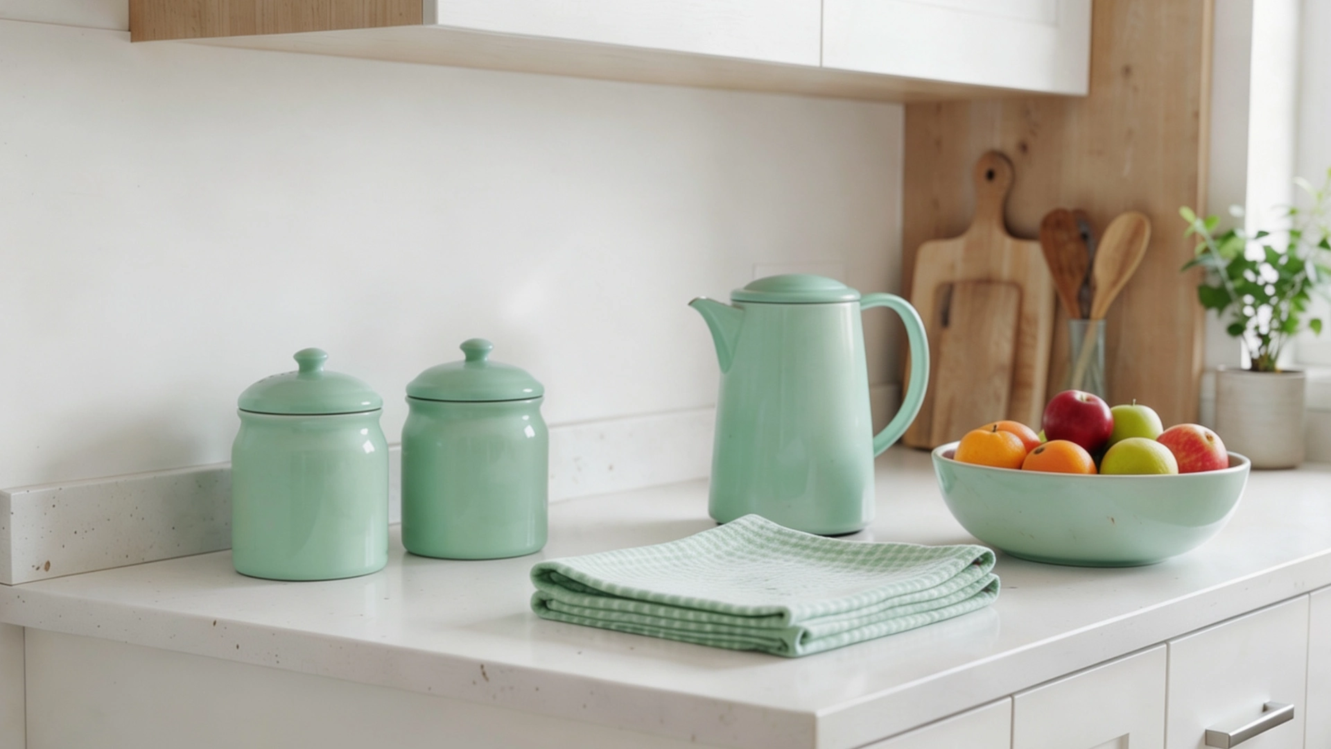 Mint green canisters, a teapot, and a fruit bowl with apples and oranges sit on a white kitchen counter