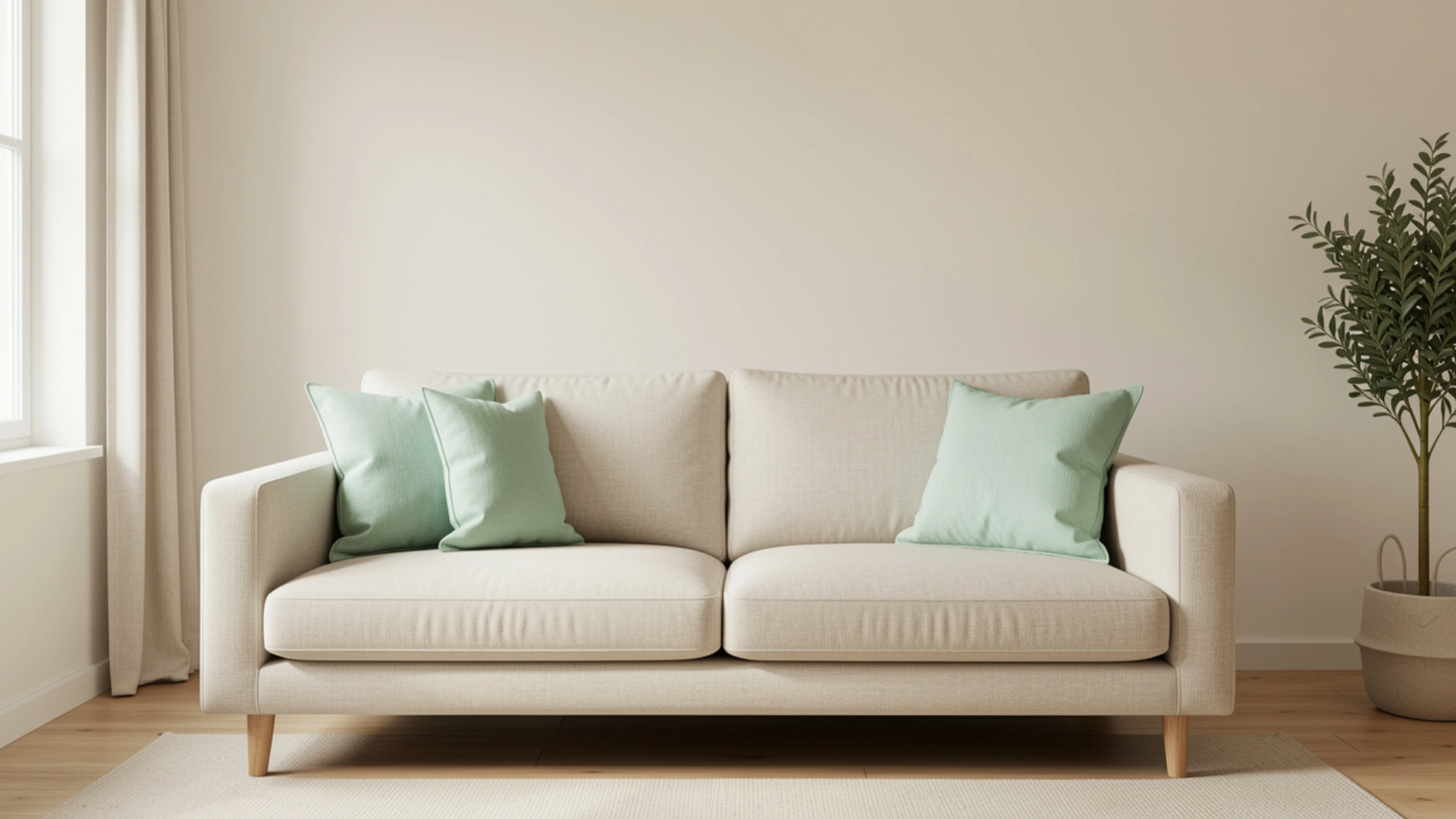A beige fabric sofa with three mint green throw pillows sits in a minimalist room with a potted plant