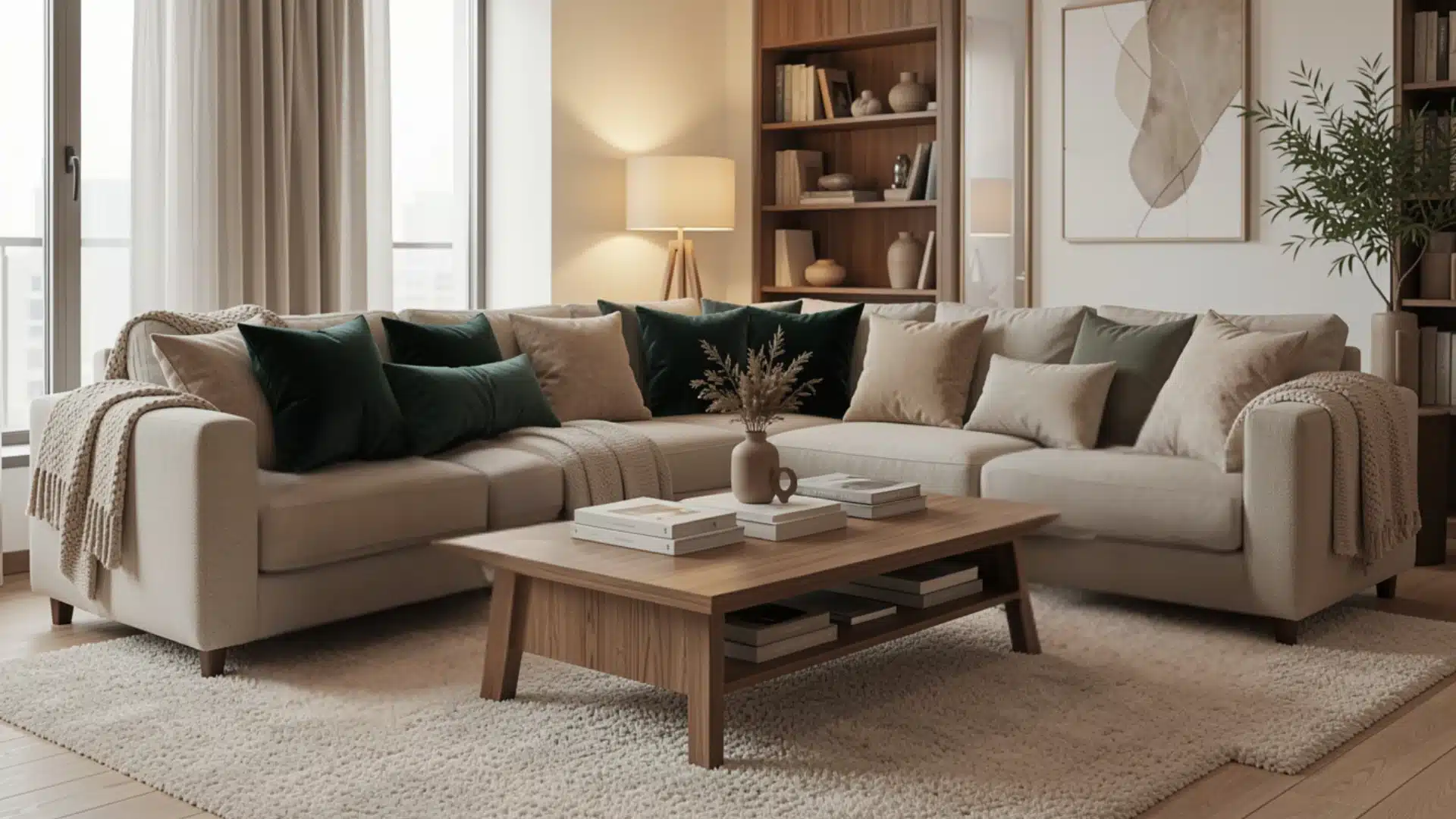 A well-furnished living room showcasing a comfortable couch, a stylish coffee table, and a bookshelf.