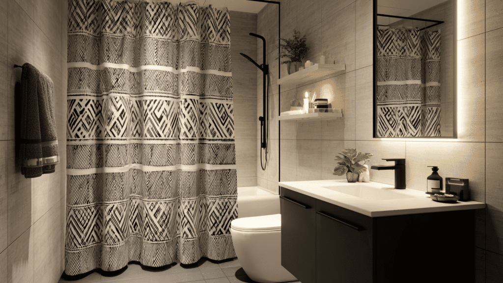 modern black and white geometric shower curtain in a stylish contemporary bathroom
