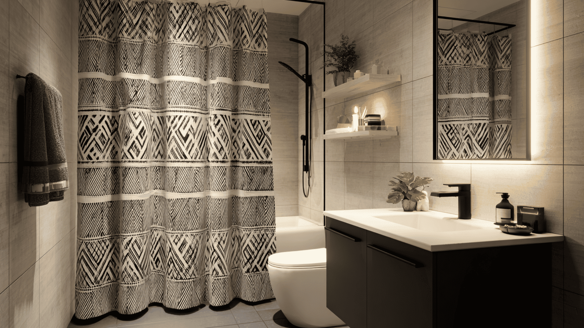 modern black and white geometric shower curtain in a stylish contemporary bathroom