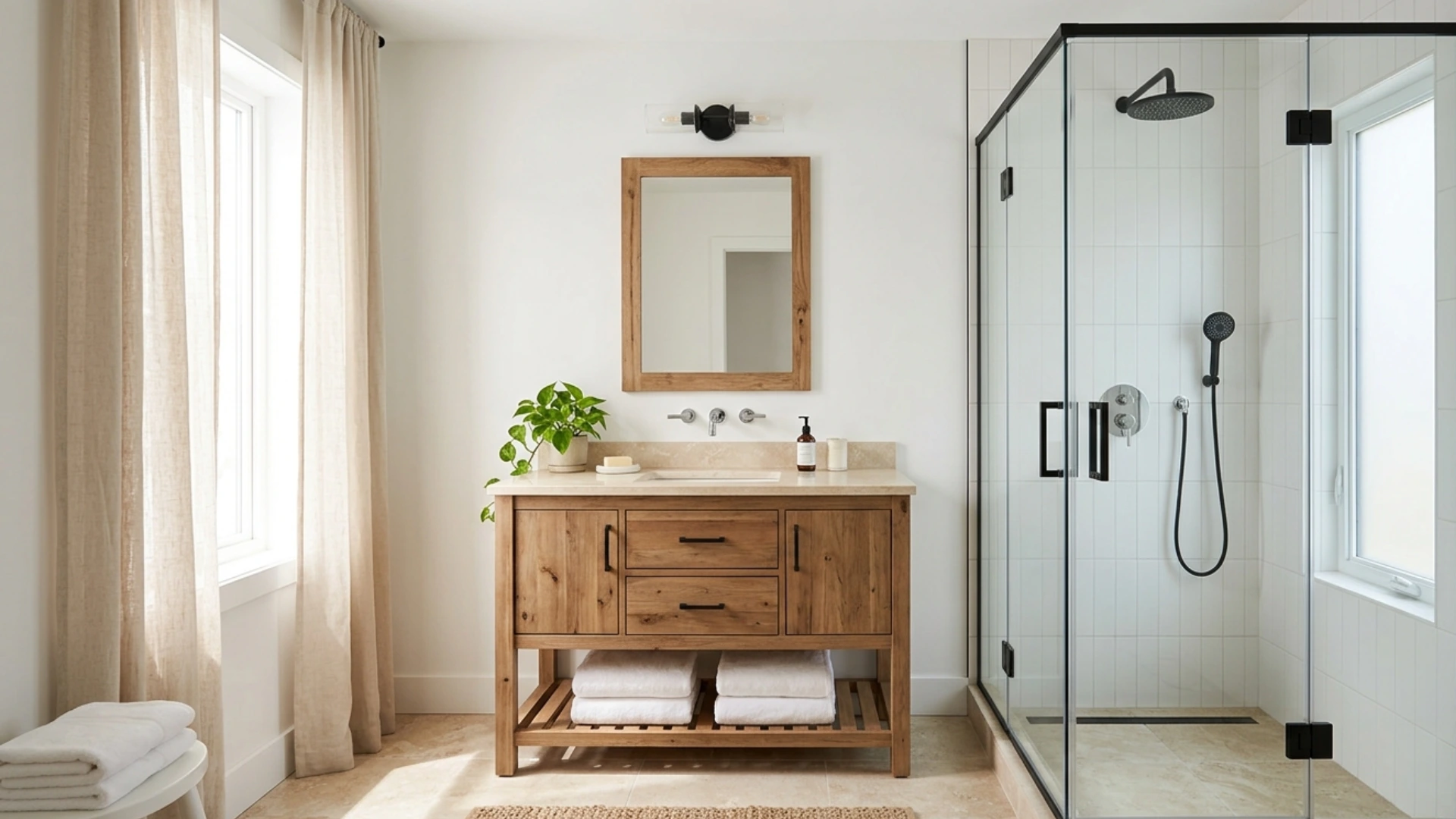Modern bathroom with a glass shower, wooden vanity with a large mirror, sink, and a plant. Beige curtains frame a window, creating a serene atmosphere.