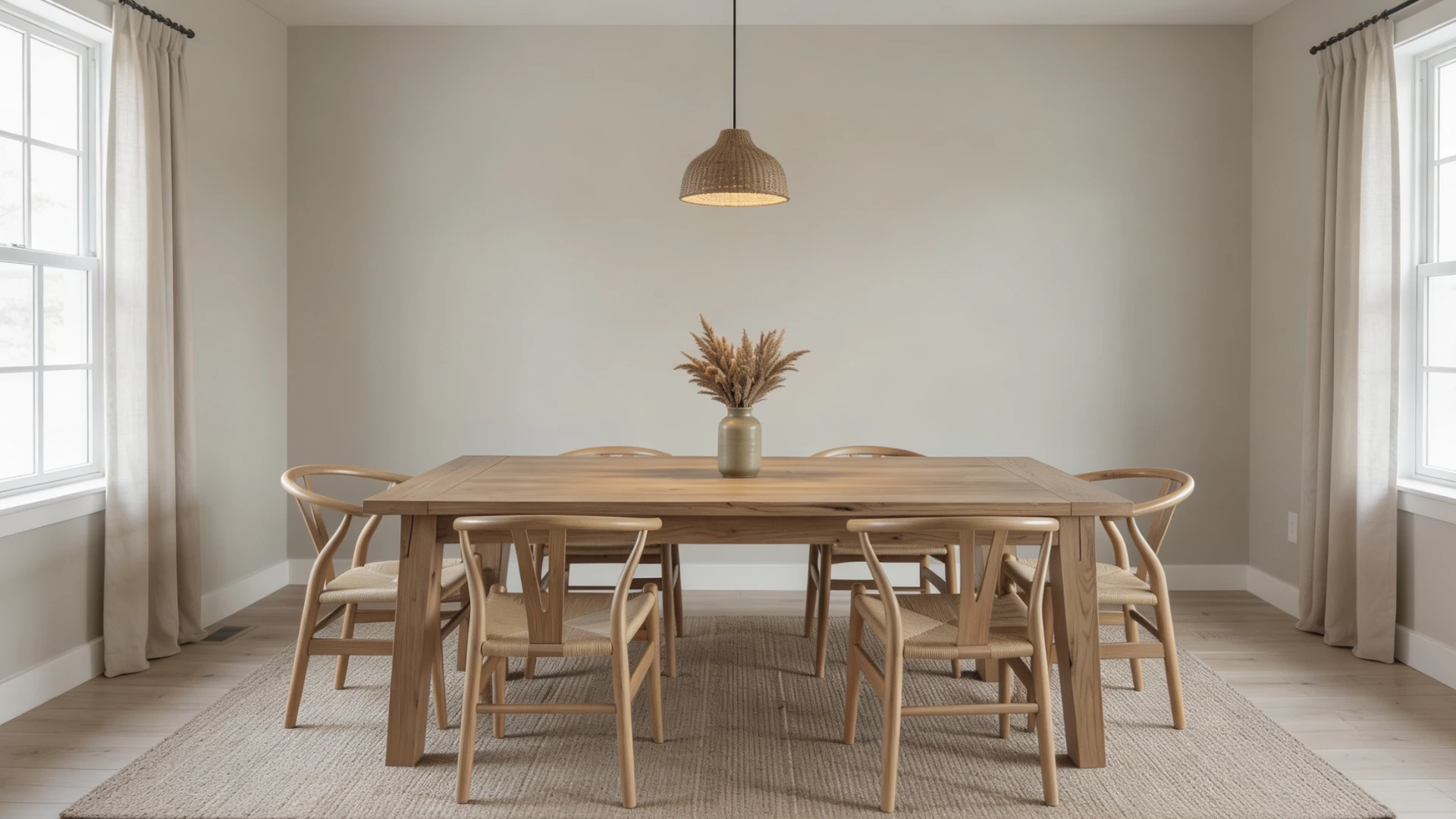 A modern farmhouse dining room with six natural wood chairs in a room with neutral walls and a woven pendant light