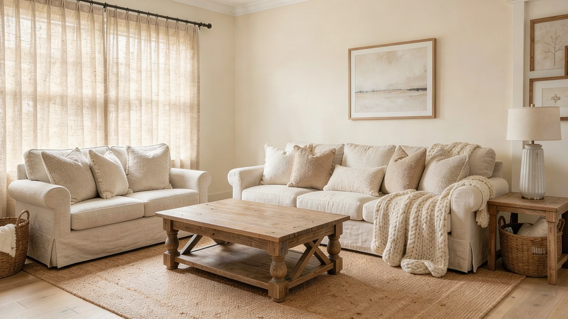 A modern farmhouse living room features two slipcovered sofas, a wooden coffee table, and a jute rug