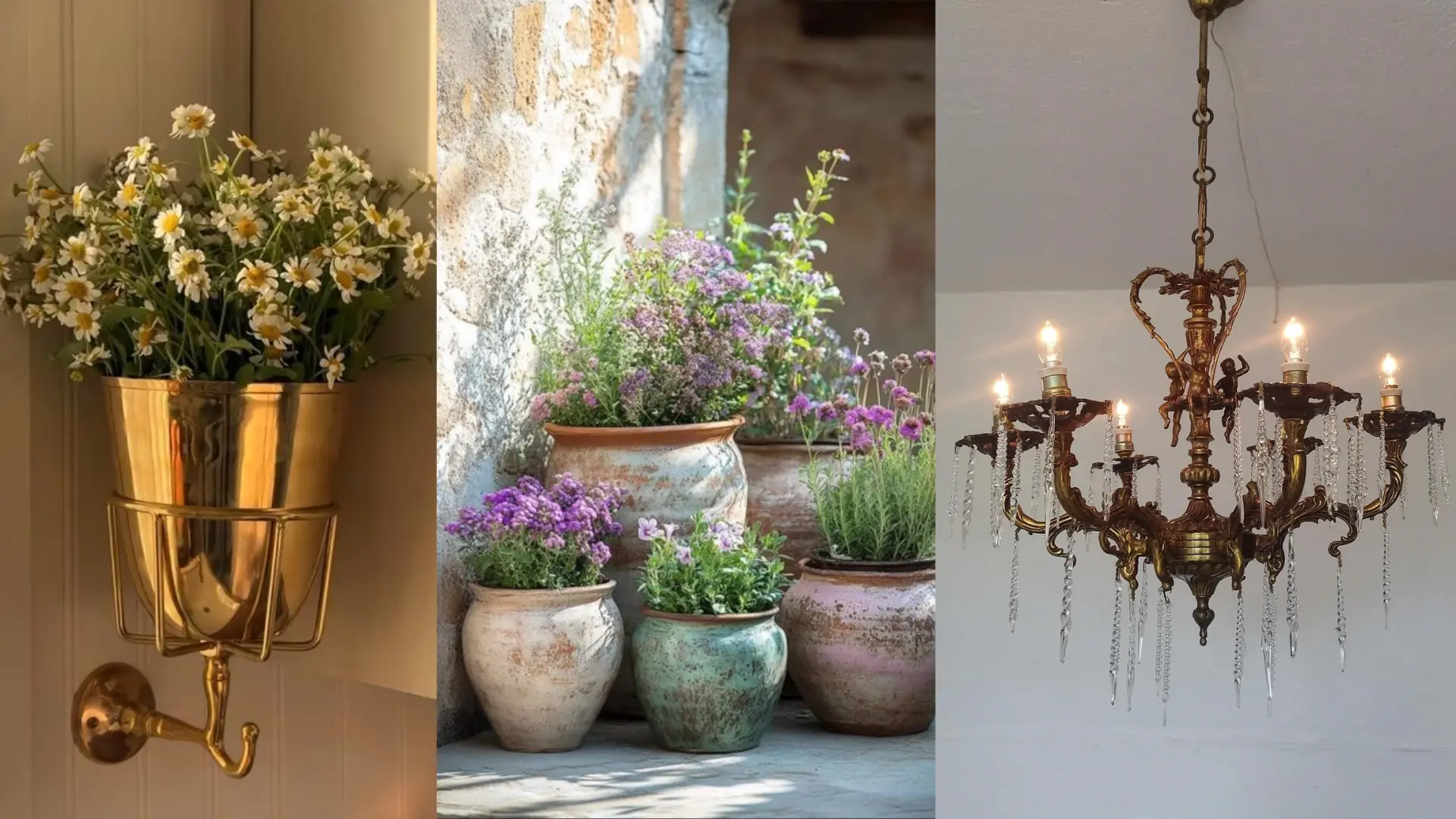 Close-up of brass wall vase with daisies terracotta planters with purple flowers and ornate crystal chandelier in modern French interior
