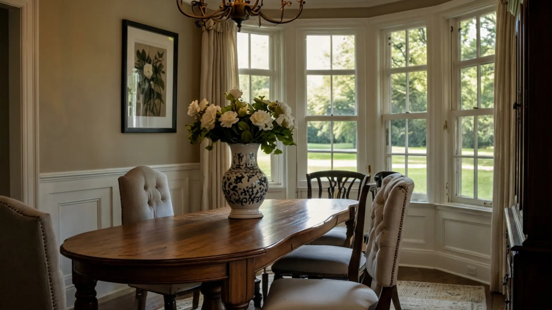 Modern French dining room with solid wood table a few upholstered and wooden chairs linen runner lilies in a vase curated decor and modern chandelier