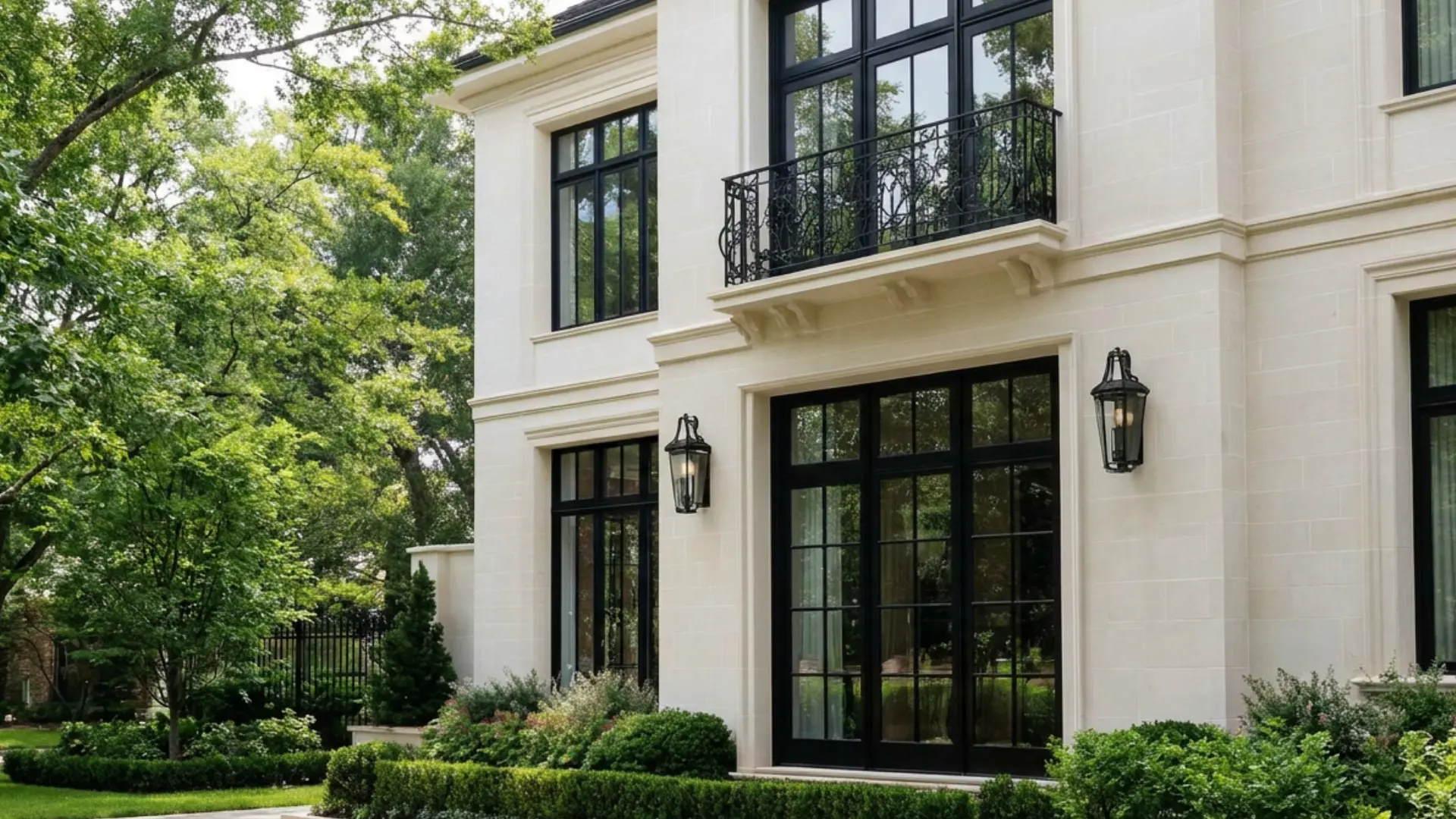 Modern French house exterior with neutral facade soft grey green shutters wooden door window boxes gravel path and subtle iron accents in natural sunlight