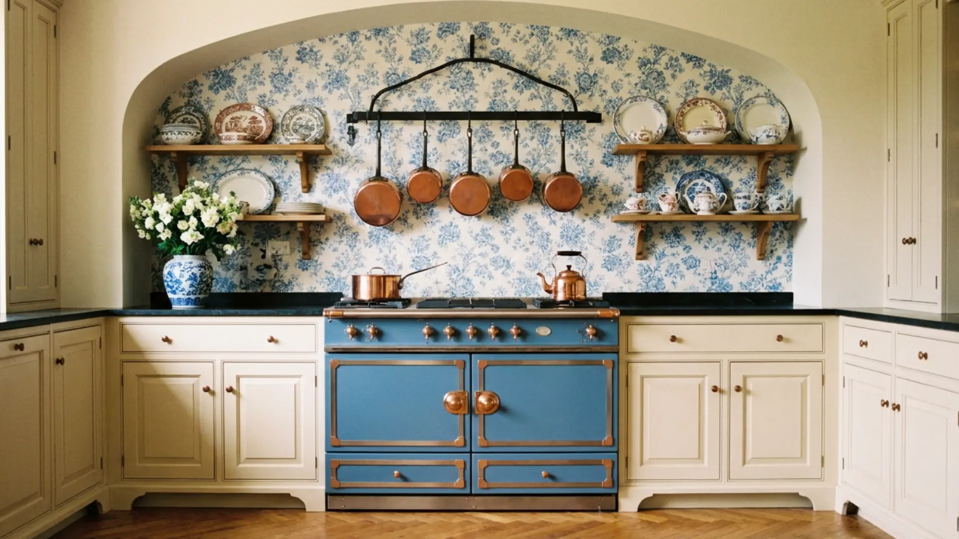 Modern French kitchen with open shelving matte painted cabinets marble countertops kitchen island clean lines warm pendant lighting and subtle copper accents