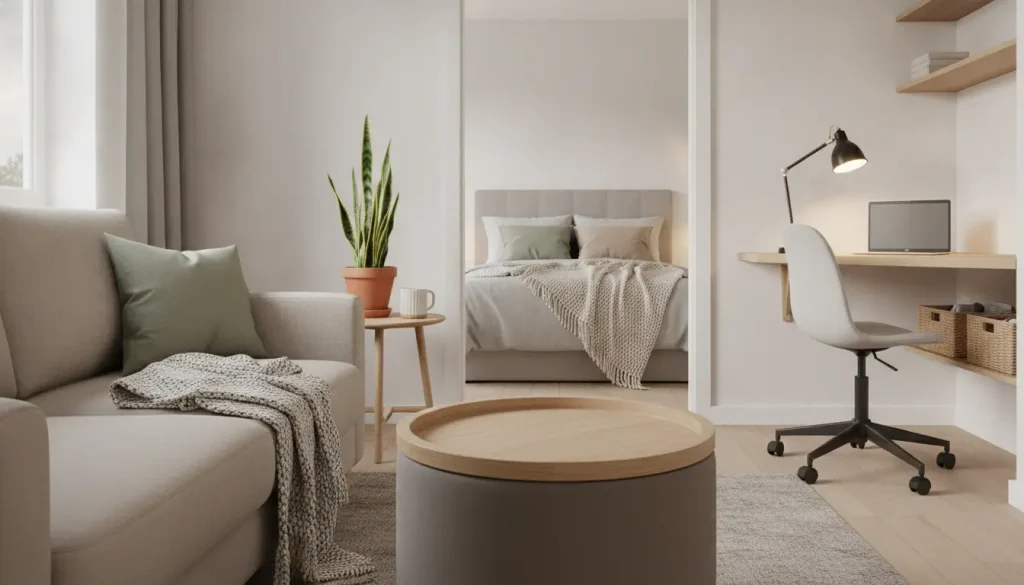 Neutral-toned living room with sofa, desk area, and plants leading to cozy bedroom