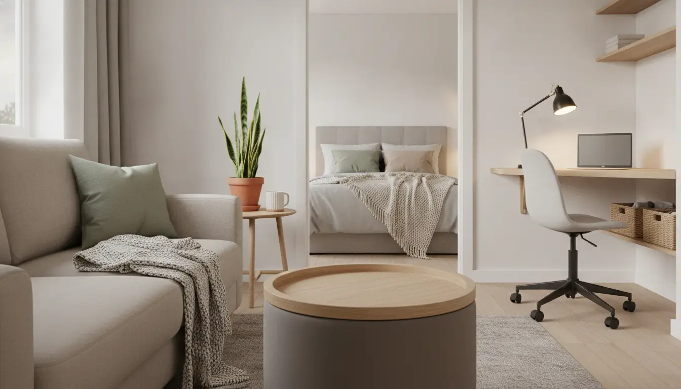 Neutral-toned living room with sofa, desk area, and plants leading to cozy bedroom