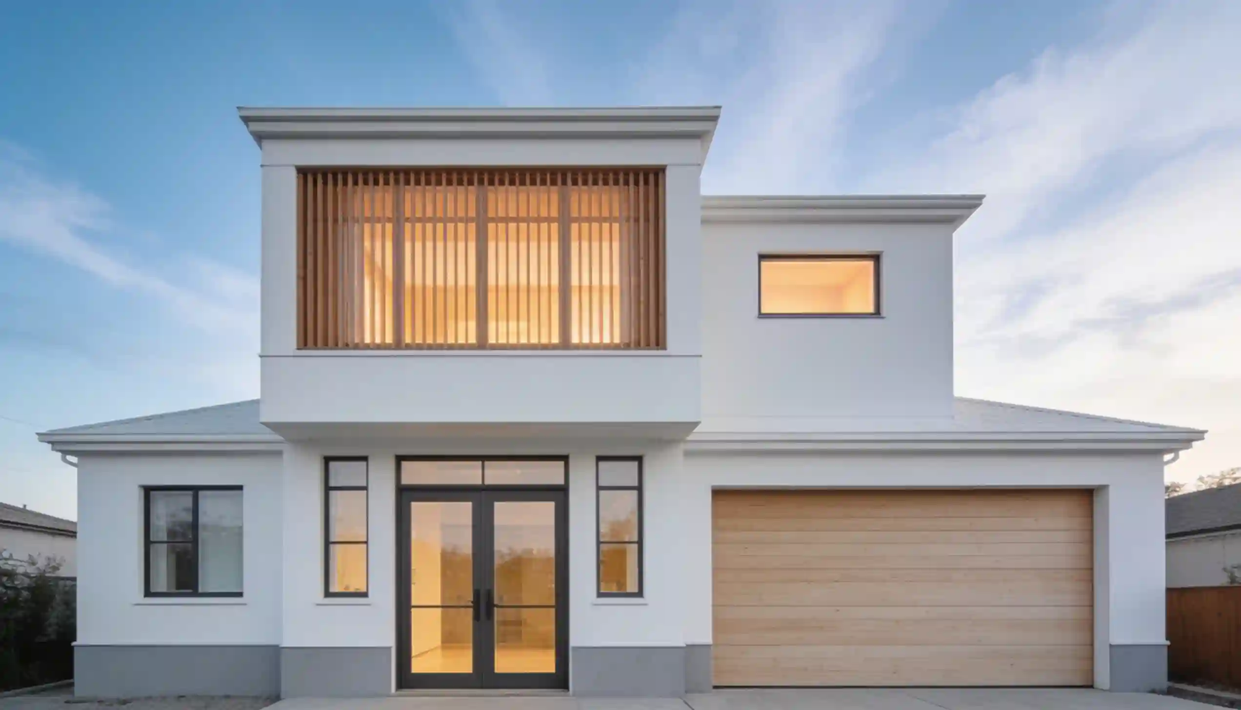 Modern white house with a slatted wooden balcony on the second floor and a wooden garage door.
