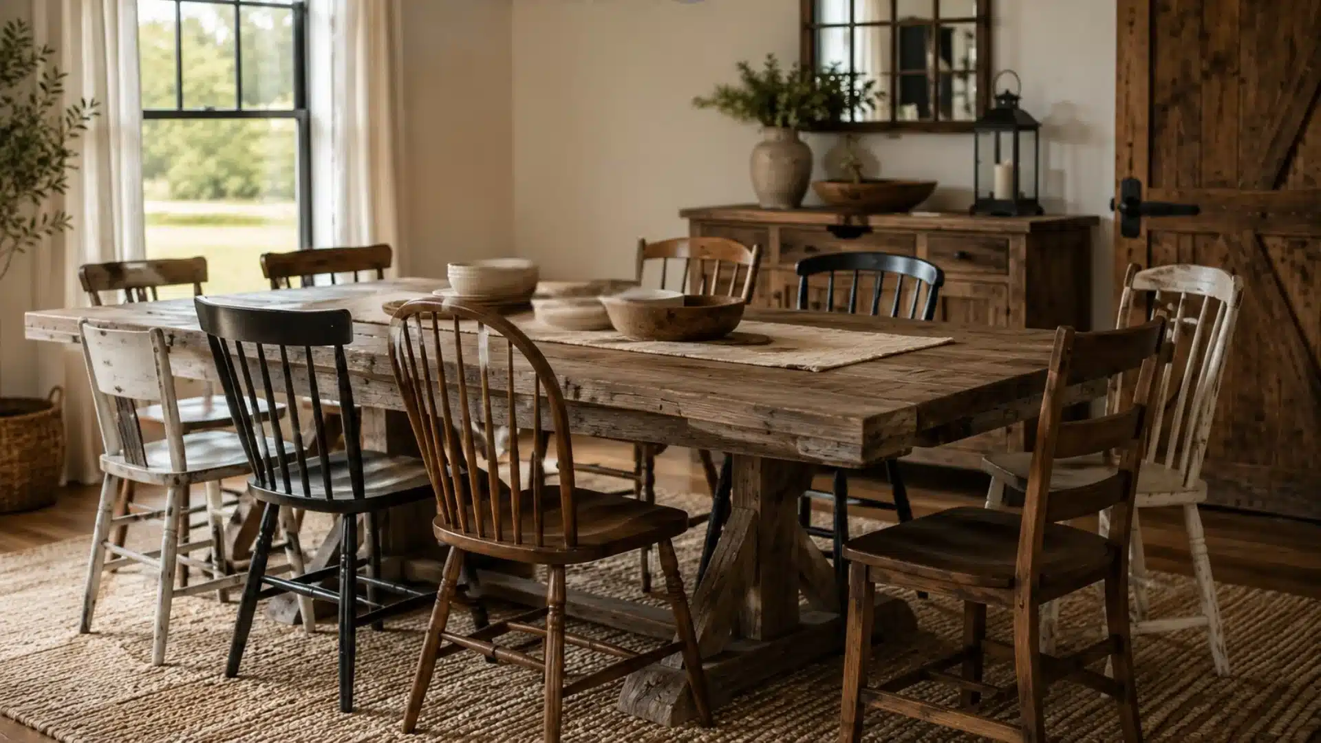 Rustic wooden dining table surrounded by mismatched farmhouse chairs on a textured woven rug