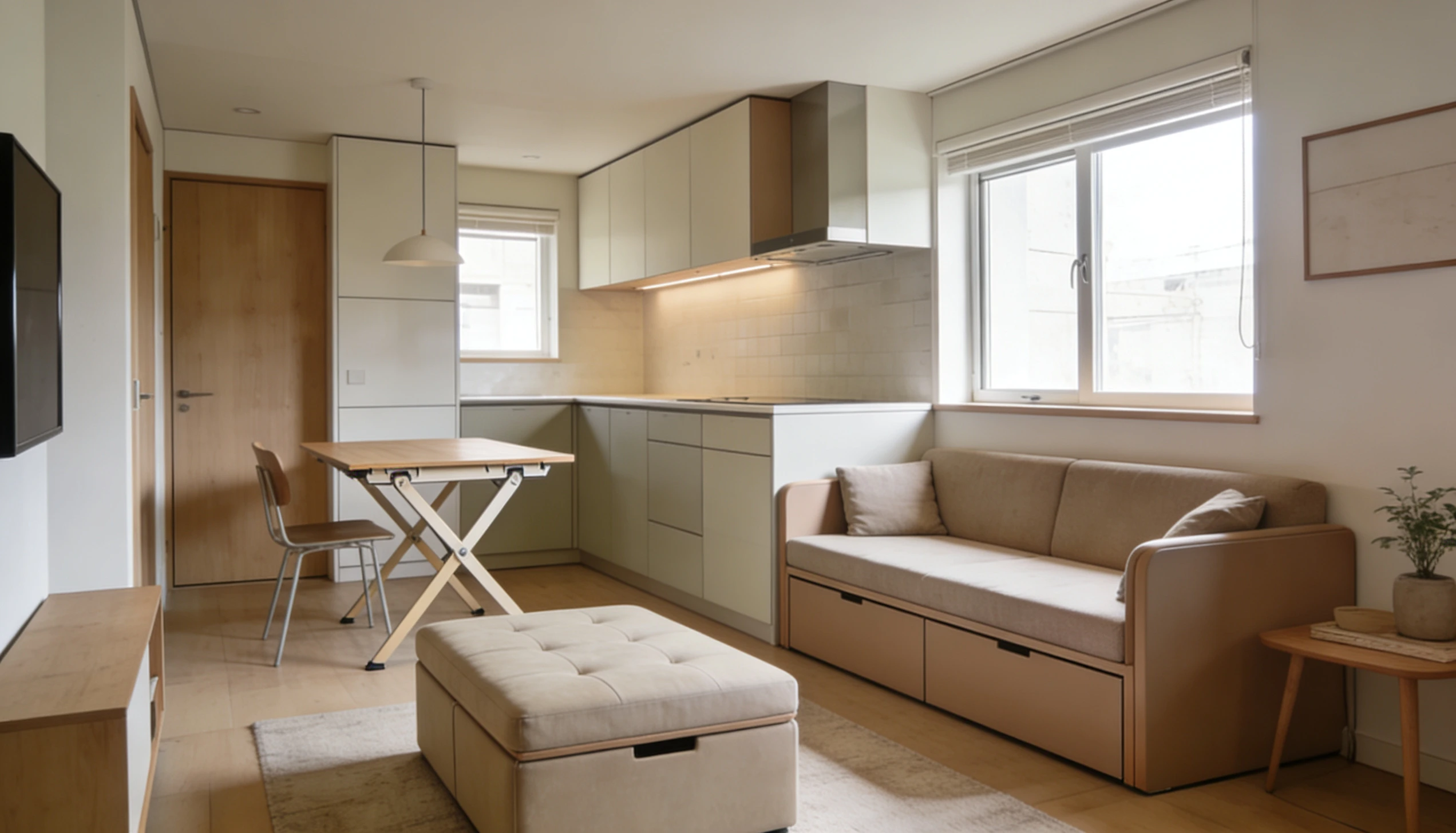 Open concept space featuring a kitchenette, a fold down dining table, a storage ottoman, and a built in storage sofa
