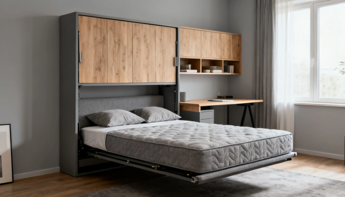A grey wall bed is folded down, revealing a mattress and pillows, with a wooden desk and shelving unit to the right.
