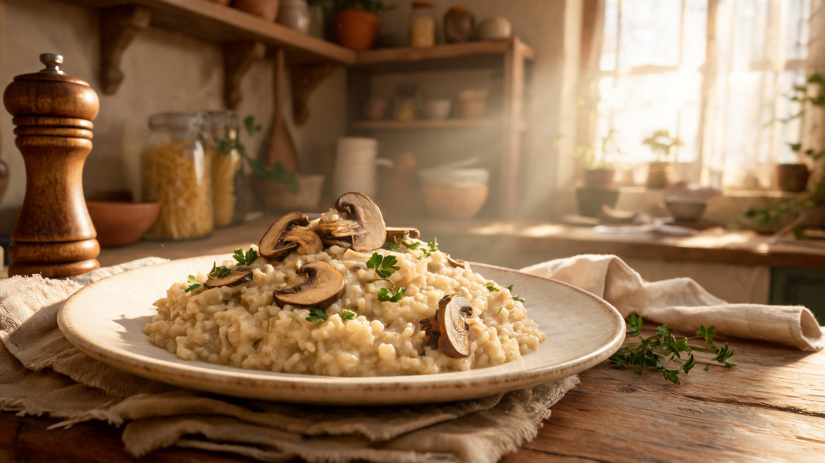 Creamy mushroom risotto on a plate, garnished with parsley and sautéed mushrooms.