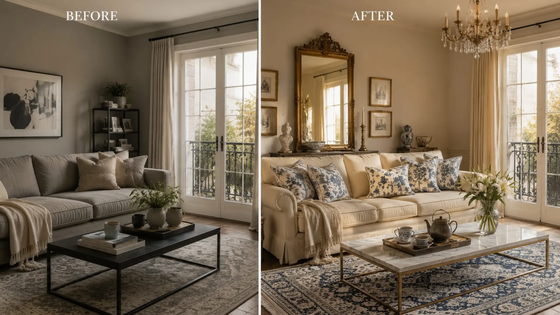 Side by side comparison of a living room transformation from minimalist American style to modern French