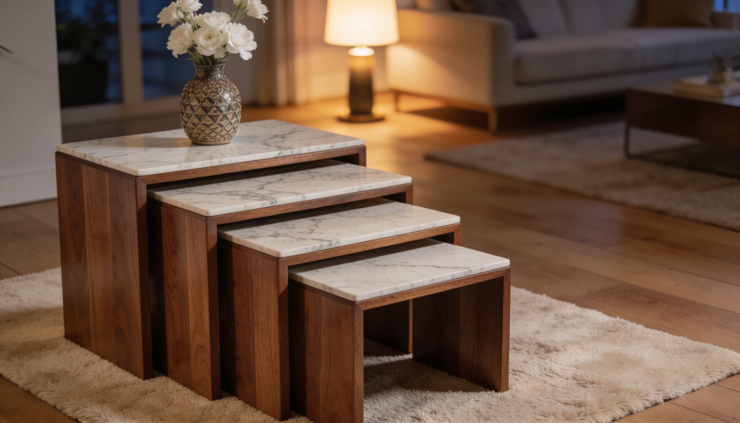 Nesting tables with marble tops and wooden bases sit on a cream rug in a living room.