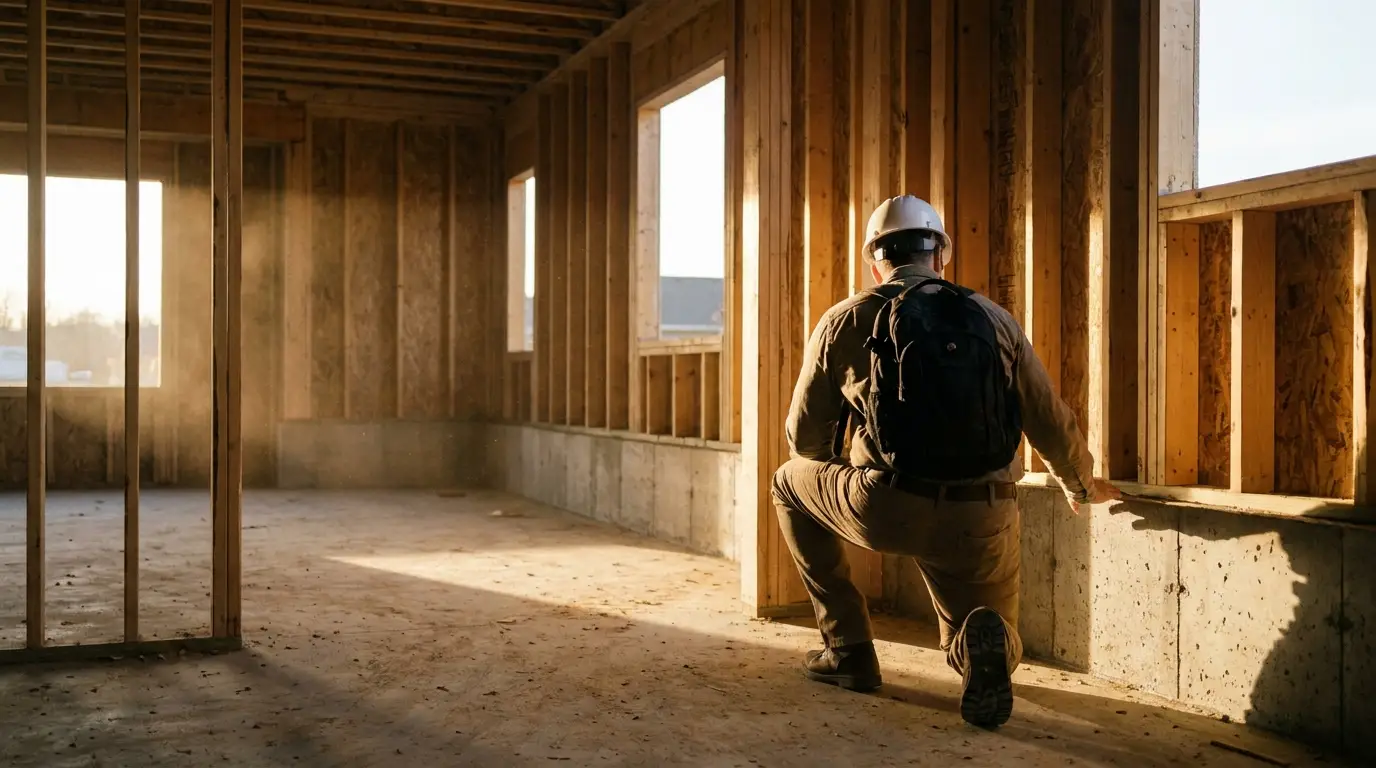 Construction worker kneeling in unfinished wooden structure with sunlight streaming through windows
