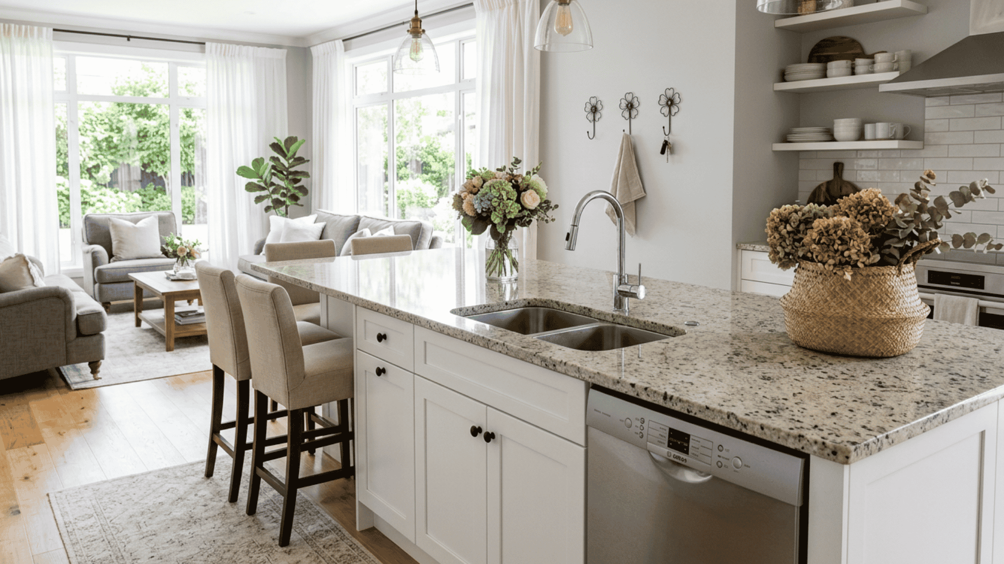 Polished New Venetian Gold granite countertop showcasing warm gold, beige, and cream tones with distinct gray and brown veining.
