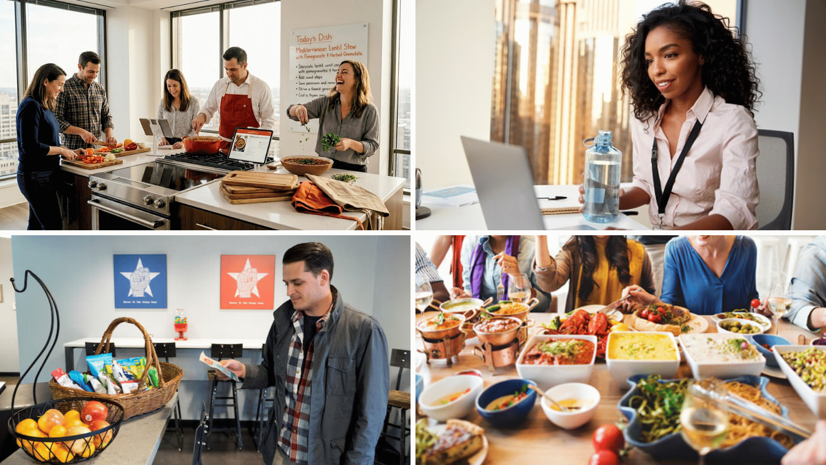 Collage of nutrition wellness activities featuring healthy cooking, hydration tracking, nutritious snacks, and team meals.