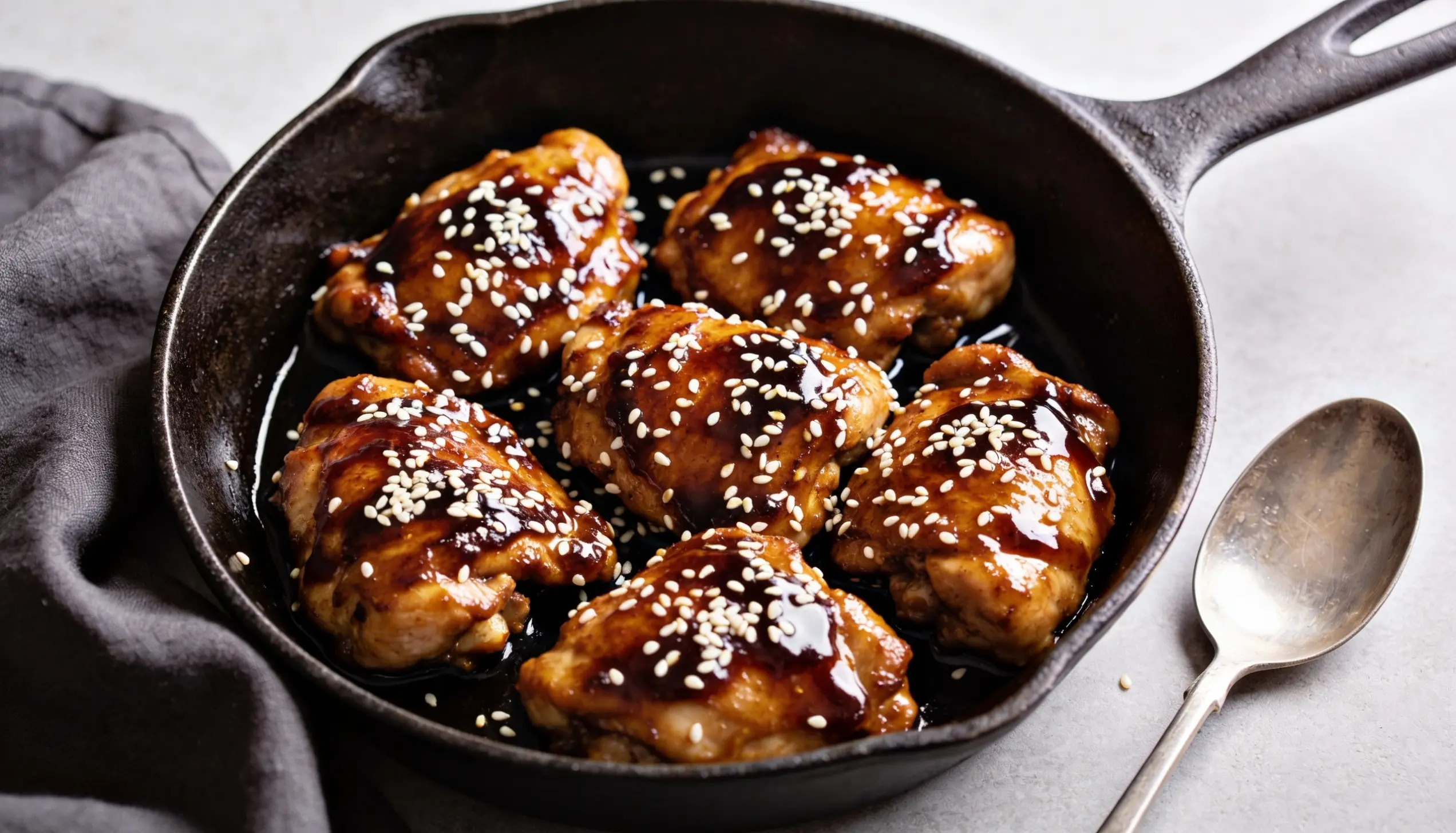 Skillet with pan fried honey soy chicken thighs, garnished with sesame seeds, sizzling in a savory sauce.