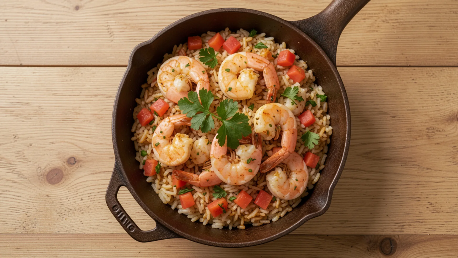 Shrimp and rice dish with diced tomatoes and parsley served in a cast iron skillet on a wooden table