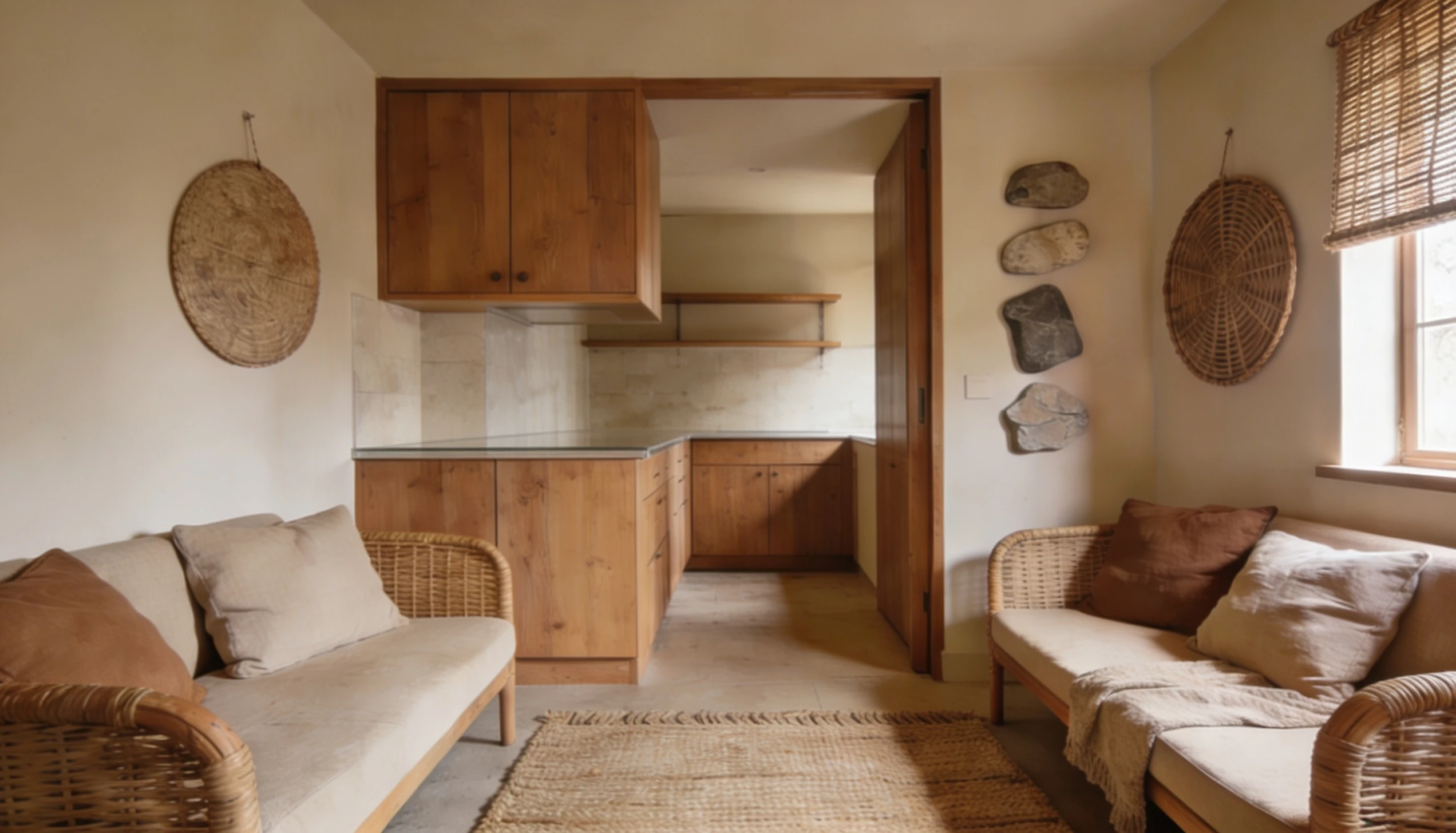 Open concept design with wicker sofas, soft cushions, a woven rug, and wooden cabinets leading to the kitchen