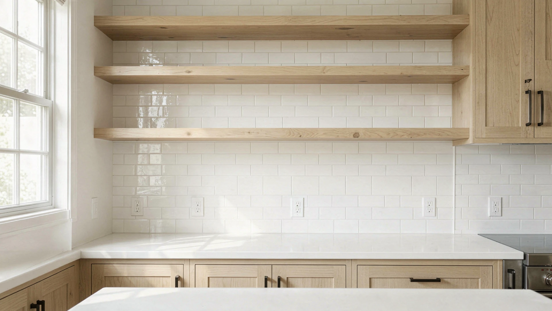 Open kitchen shelving in modern farmhouse kitchen with white subway tile backsplash, and light wood cabinets