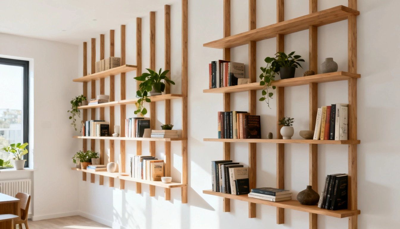 Two tall, modern wooden bookshelves are filled with books and plants against a white wall.