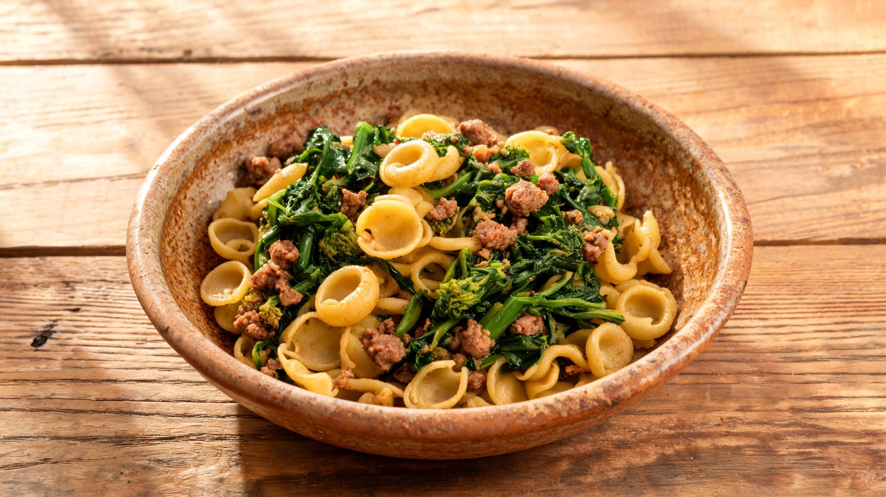 Bowl of orecchiette pasta with broccoli rabe and crumbled sausage on a rustic wooden table.