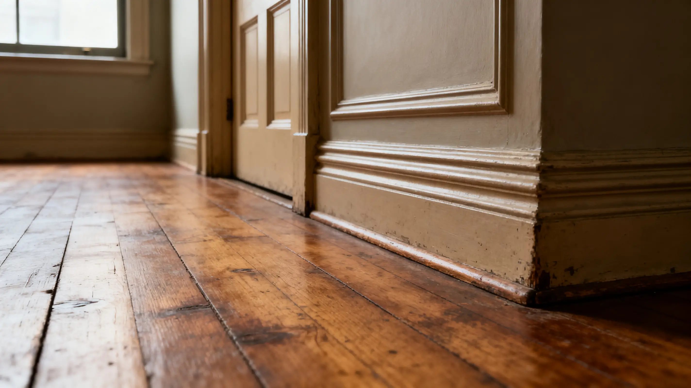Wooden floorboards and cream-colored door with molding in sunlit room