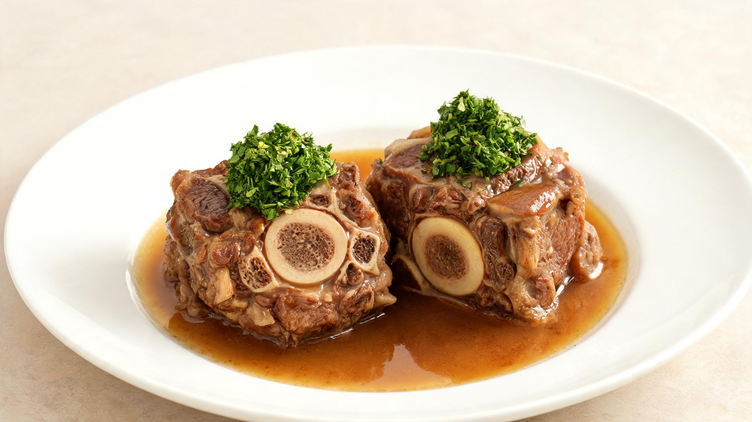 Tender braised osso buco on a white plate in rich sauce, garnished with fresh herbs.
