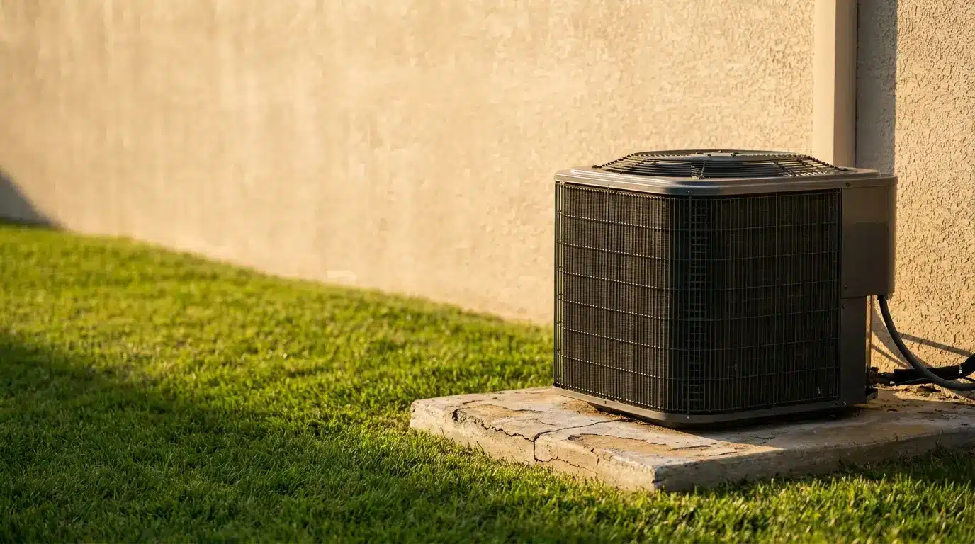 Residential air conditioning unit on concrete pad beside beige stucco wall in sunlight